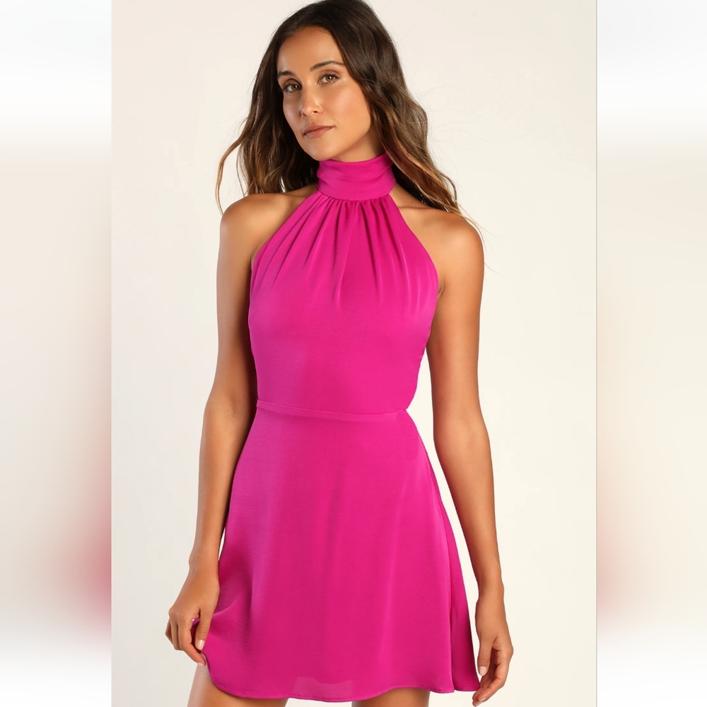 Give 'Em Glam Magenta Satin Sleeveless Halter Mini Dress